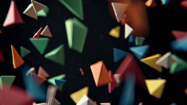 Dynamic abstract background featuring colorful geometric octahedron and pyramid shapes falling rapidly against a deep dark void.
