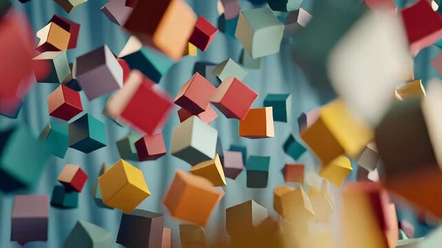 Dynamic abstract background of colorful geometric cubes floating and moving rapidly in air, representing technology, creativity, and modern design.