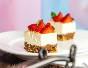 Delicious strawberry cheesecake dessert with fresh berries on white plate