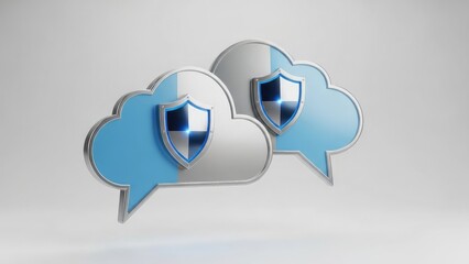 Cloud computing security concept with blue and white speech bubbles and shields on gray background for data protection and privacy online