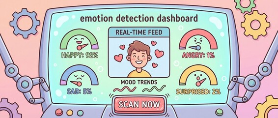 Pixel Art Emotion Detection Dashboard With Joy And Sadness Gauges And Robot Arms In Pastel Colors
