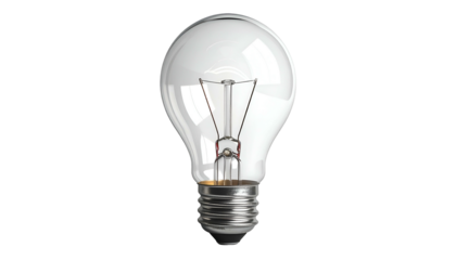A realistic, close-up rendering of a traditional incandescent light bulb, against a dark black background. It is clear glass