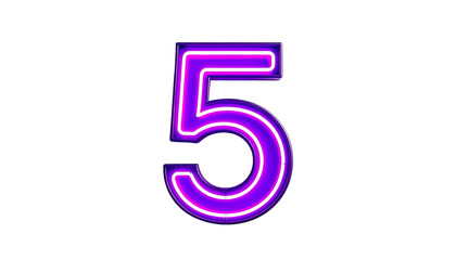 Illuminated number five, rendered with neon light effect, glows purple and pink against a stark, black background