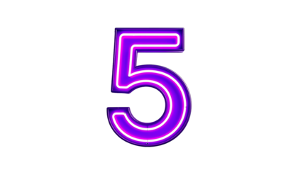 Illuminated number five, rendered with neon light effect, glows purple and pink against a stark, black background