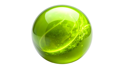 A luminous, transparent green orb floats against a stark black backdrop. Inside, an organic, textured core swirls, lit by streaks of light