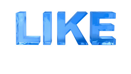 Glossy, three-dimensional blue text, spelling "LIKE," emerges from a black background, with the letter shapes reflecting light and shadows