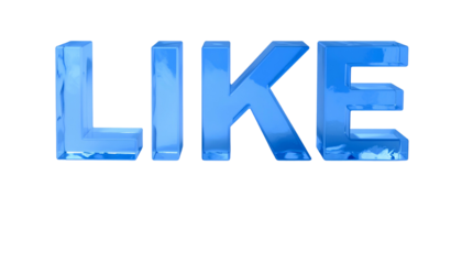Glossy, three-dimensional blue text, spelling "LIKE," emerges from a black background, with the letter shapes reflecting light and shadows