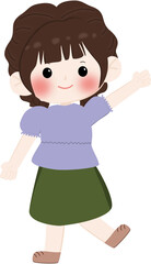 A cheerful cartoon illustration of a young girl wearing a brown hijaband cream sweater with line pattern, smiling and waving isolated on transparent background