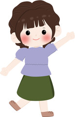 A cheerful cartoon illustration of a young girl wearing a brown hijaband cream sweater with line pattern, smiling and waving isolated on transparent background