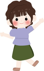 A cheerful cartoon illustration of a young girl wearing a brown hijaband cream sweater with line pattern, smiling and waving isolated on transparent background