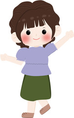 A cheerful cartoon illustration of a young girl wearing a brown hijaband cream sweater with line pattern, smiling and waving isolated on transparent background