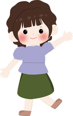 A cheerful cartoon illustration of a young girl wearing a brown hijaband cream sweater with line pattern, smiling and waving isolated on transparent background