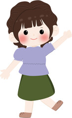 A cheerful cartoon illustration of a young girl wearing a brown hijaband cream sweater with line pattern, smiling and waving isolated on transparent background