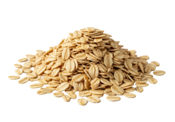Photorealistic macro close-up of a perfectly arranged pile of golden-brown, dry oat flakes, isolated on a transparent background with negative space, soft diffuse light, sharp focus. Concept of