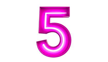 A vibrant magenta neon number five, showcasing bright white inner glow, set against a stark, black background
