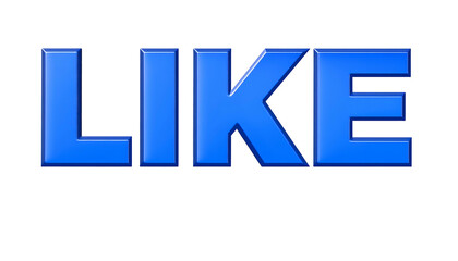 Blue, glossy 3D letters spelling "LIKE" are centered on a black background, with slight highlights and shadows giving depth