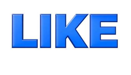 Blue, glossy 3D letters spelling "LIKE" are centered on a black background, with slight highlights and shadows giving depth