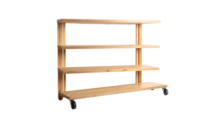 A wooden shelf unit with four horizontal shelves, supported by vertical posts, and equipped with rolling casters for mobility
