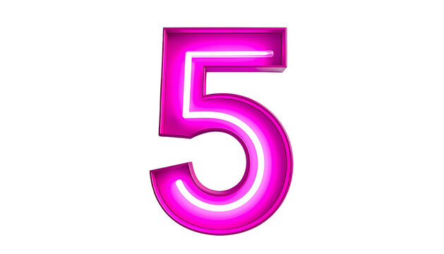 A vibrant magenta neon number five, showcasing bright white inner glow, set against a stark, black background