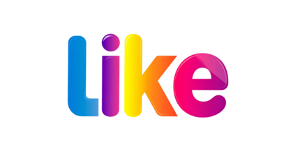 A vibrant, stylized word, "like", rendered in a gradient of rainbow hues. Rounded fonts and black outline on a black backdrop