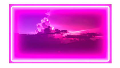 A vibrant sunset sky is framed by a glowing magenta neon border on a black background, creating an eye-catching visual