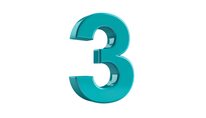 A vibrant, three-dimensional numeral three, rendered in a striking, glossy teal hue, floats against a stark black backdrop