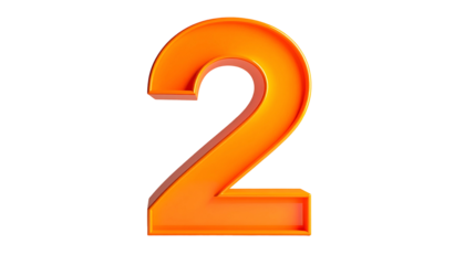 A vibrant, three-dimensional number two in bright orange, slightly shadowed against a stark black background