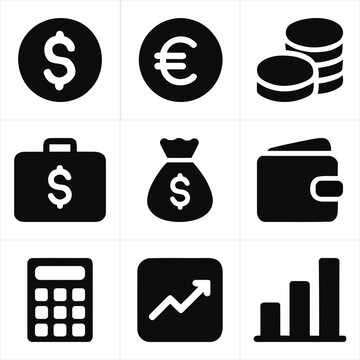 Finance and Money Icons Set. Currency, Wallet, Calculator, Growth Charts adobe stok