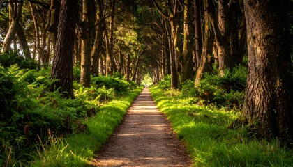 A serene forest path bathed in dappled sunlight, inviting exploration.