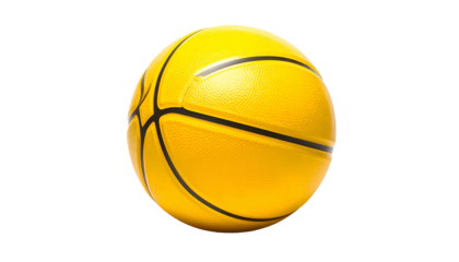 A vibrant yellow basketball with contrasting black lines, partially lit. The ball is centered on a black background