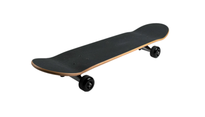 Angled shot of a skateboard on a black background. The deck is black, wheels are black and the wood is the natural color