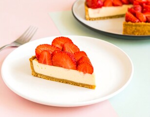 Delicious slice of strawberry cheesecake on white plate with fork