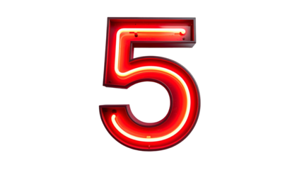 A vibrant, glowing neon figure "5" against a solid black backdrop. Illuminated tubing outlines the shape creating a striking visual
