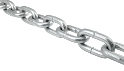 Close-up of a metal chain, diagonally positioned against a black background. The links are bright and reflect light