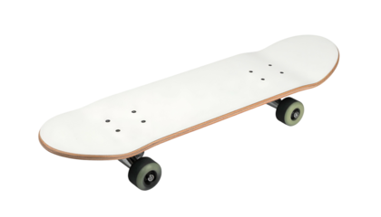 Isometric view of a blank, white skateboard against a solid black backdrop. Wheels and mounting hardware are visible