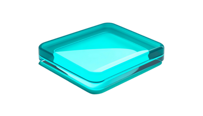 A translucent, square-shaped object, possibly glass or crystal, in a vibrant turquoise hue. It has rounded edges with a glossy surface, isolated on black background