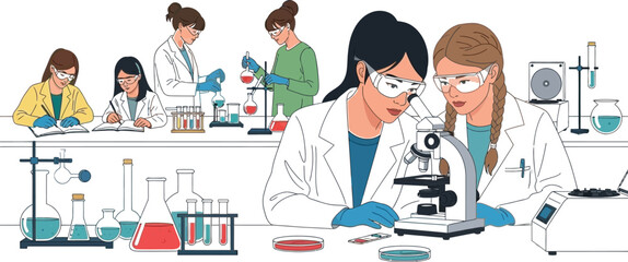 Female scientists collaborating intensely in a brightly lit laboratory environment while conducting various chemical experiments and microscopic observations simultaneously