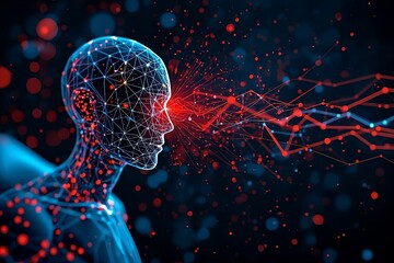 Futuristic human head with neural network and data visualization