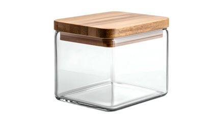 A square glass jar with a wooden lid, set against a black background. Clean lines and reflections