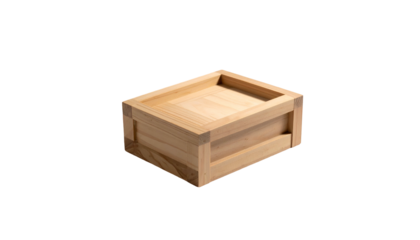 A small, unadorned wooden box sits against a stark black background. The natural wood grain is visible and lit by soft, diffused light