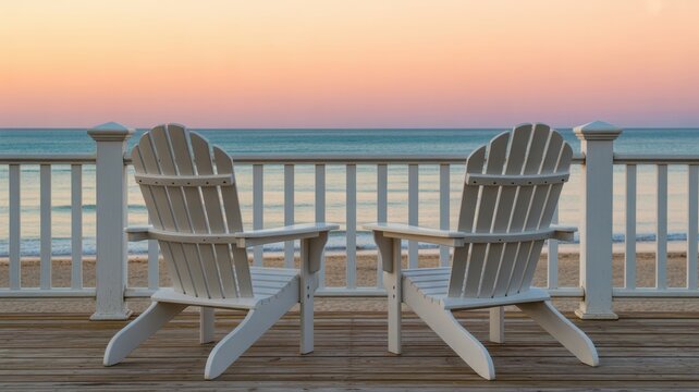 Tranquil Coastal Serenity: Two pristine white chairs sit invitingly on a wooden deck overlooking a serene ocean at dusk, promising relaxation and introspection amidst the calming coastal atmosphere.