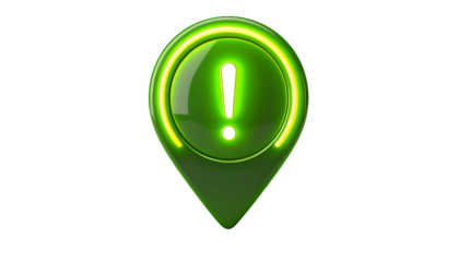 A luminous green map marker with a glowing yellow outline and exclamation point, set against a solid black backdrop