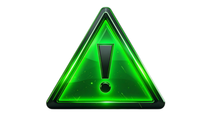 A luminous green hazard symbol is a triangle encompassing an exclamation mark, all rendered with a metallic, possibly glass-like finish, on black