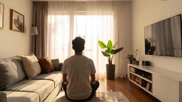 レースカーテン越しに差し込む太陽光が広がるリビングをワイドで捉えた映像。
背景には静かに座る人物が配置され、穏やかな生活の一瞬を表現。
全体は柔らかな自然光とニュートラルな色合いで構成されている。