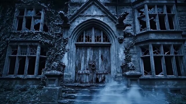 A foreboding, derelict gothic mansion stands under a dark, dramatic sky, exuding an aura of mystery and neglect. The imposing stone facade is heavily overgrown with dense, dark ivy, while numerous win