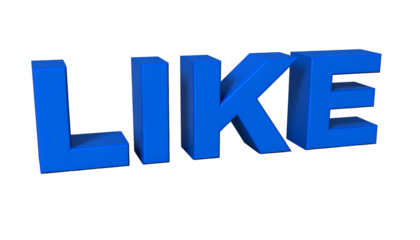 A 3D rendered word "LIKE" in a bright blue color stands out against a black background with a slight shadow effect