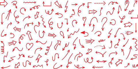 Fototapeta premium Large Set of Red Hand-Drawn Doodle Arrows and Swirls Isolated on White