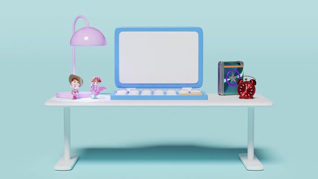 3d desk in office with laptop computer, textbook, book, toy, alarm clock, lantern isolated on blue background. 3d render illustration