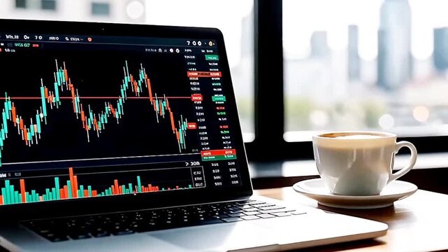 stock market chart on the laptop monitor on the table and a cup of coffee 