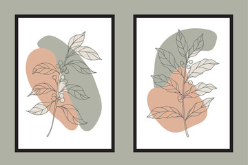Botanical line drawing of a coffee plant branch, thin black lines on off-white background, elegant minimal style, organic caf&eacute; wall art